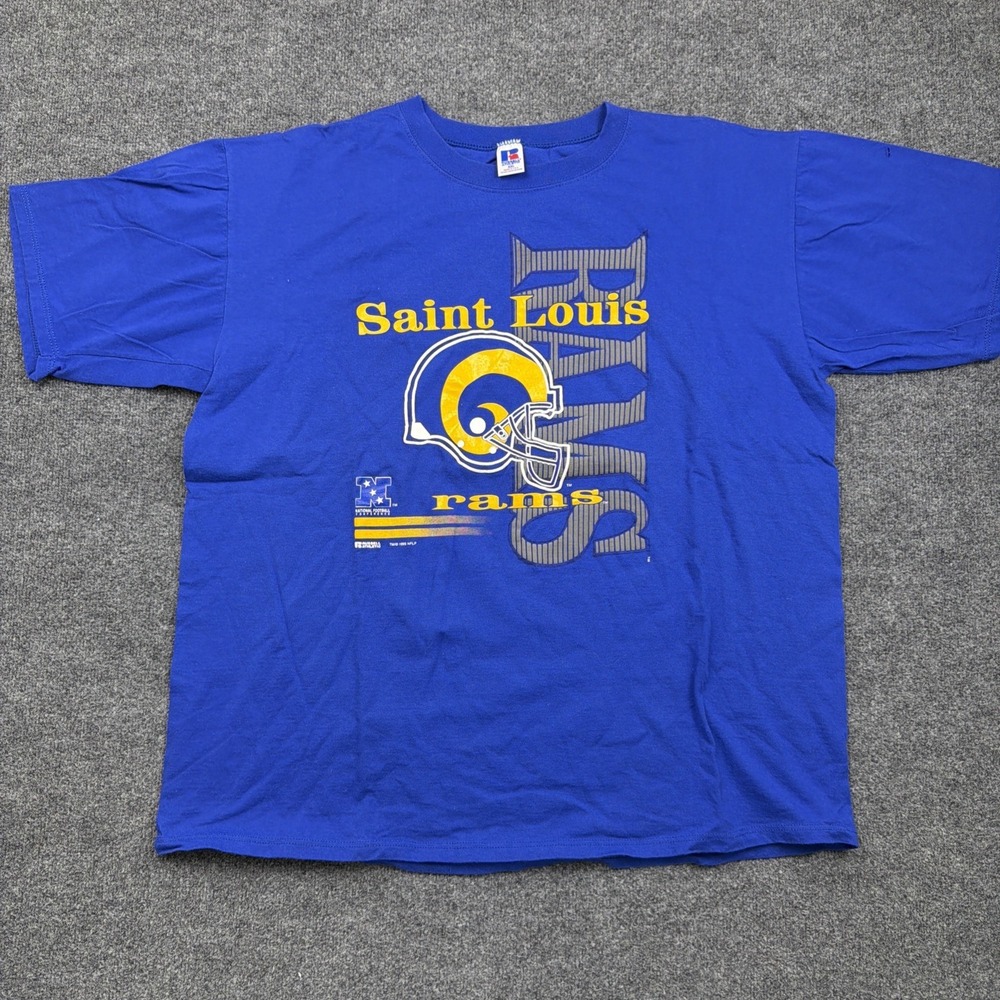 Vintage St Louis Rams T Shirt NFL Graphic Blue Football 2XL 90s Russell Athletic